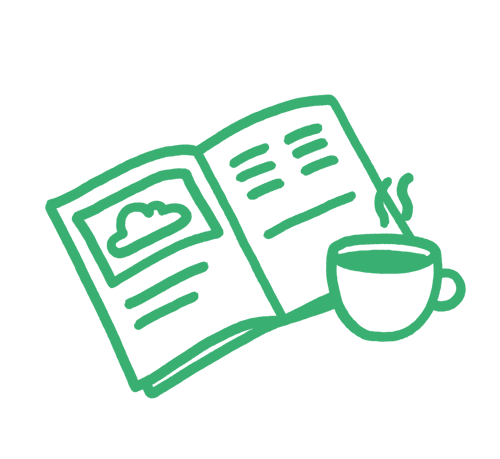 Illustration eines offenen Buches mit einer dampfenden Tasse Kaffee daneben