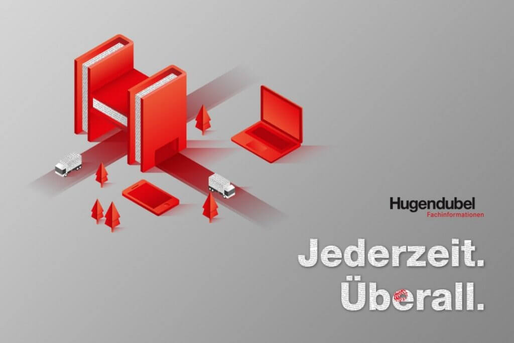 Key Visual für Hugendubel Fachinformationen. Das Design besteht aus Büchern, die ein Haus Bilden. 