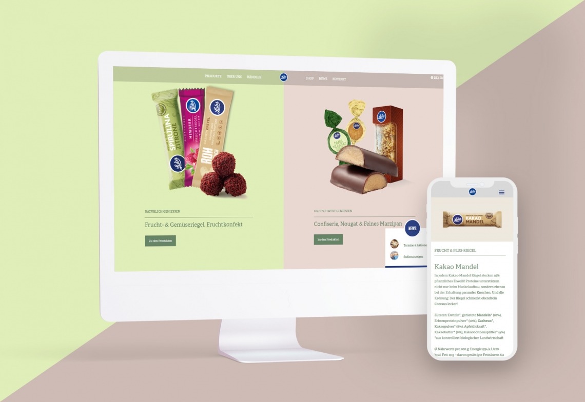 Website-Darstellung von Frucht- und Gemüseriegeln auf einem Desktop und Smartphone