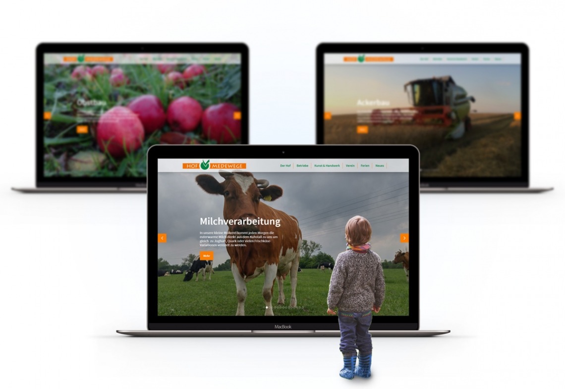 Drei Laptops mit Webseiten von Hof Medewege und ein Kind davor