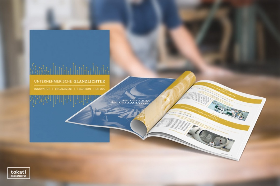 Druckerzeugnis mit dem Titel 'Unternehmerische Glanzlichter' und einem geöffneten Magazin.