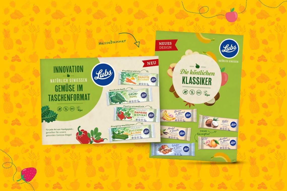 Lubs Produktdesign mit Riegeln und Gemüsemotiv