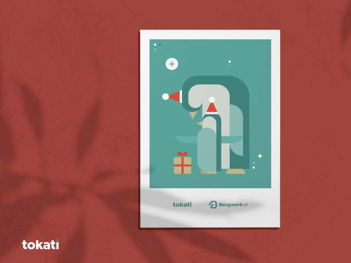 Abstraktes Weihnachts-Pinguin-Design mit Geschenk auf rotem Hintergrund