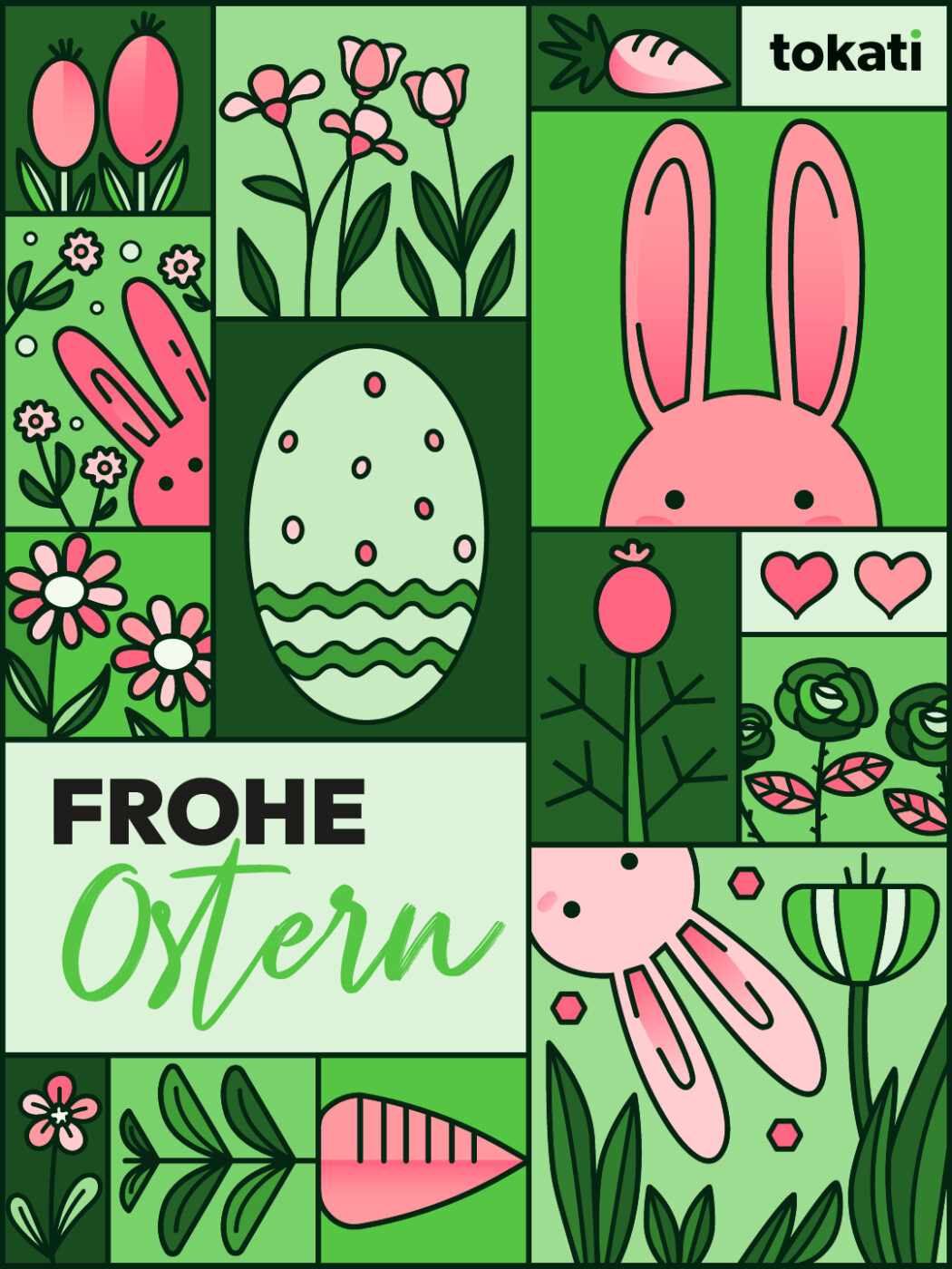 Osterillustration in Grün mit Rosa Hasen und Blumen